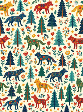 Pattern Vector Illustration with Stylized Wolves and Trees in Folk Art Style for Textile and Packaging Design