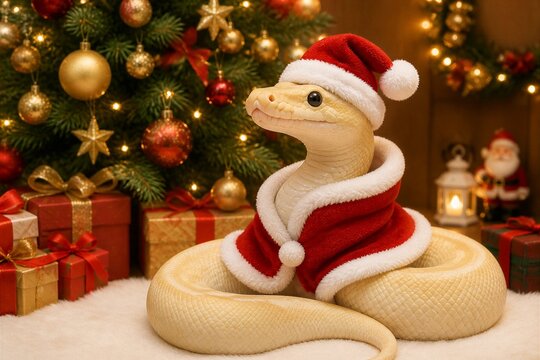 Albino ball python wearing santa outfit by decorated tree