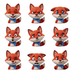 Fototapeta premium Cute Fox Mascot Character Set Showing Various Facial Expressions and Emotions - Animal 3D Illustration Isolated on Transparent Background