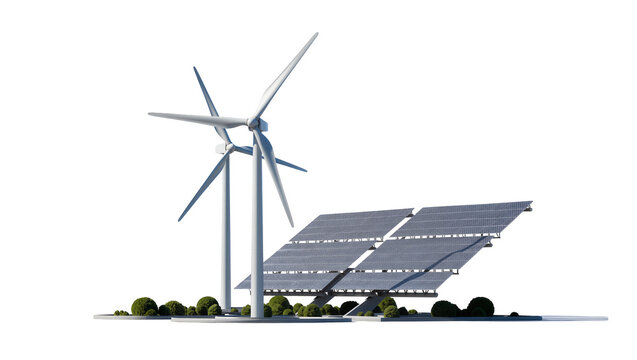 Wind turbines and solar panels with green bushes
