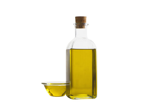 Glass bottle of olive oil with small dipping bowl, mediterranean oil isolated on transparent background PNG