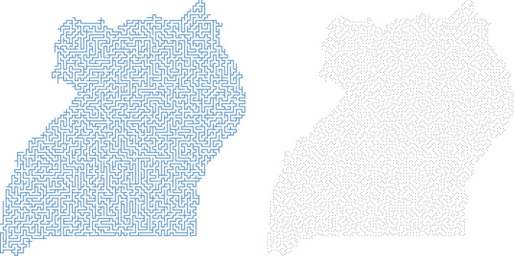 Uganda map silhouette vector featuring blue circuit line graphics and pixelated dot pattern.