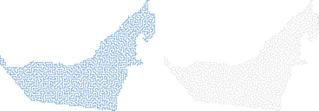 United Arab Emirates map silhouette with blue circuit line and black dot pattern background.