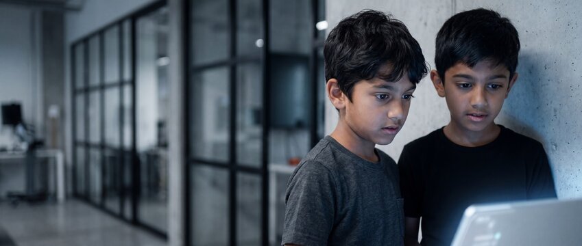 Two Indian boys using laptop screen inside a modern classroom, concentrated young students learning coding and stem education, diverse kids exploring technology in a creative lab environment.