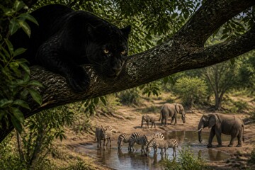 Fototapeta premium Black panther perched on tree branch overlooking watering hole