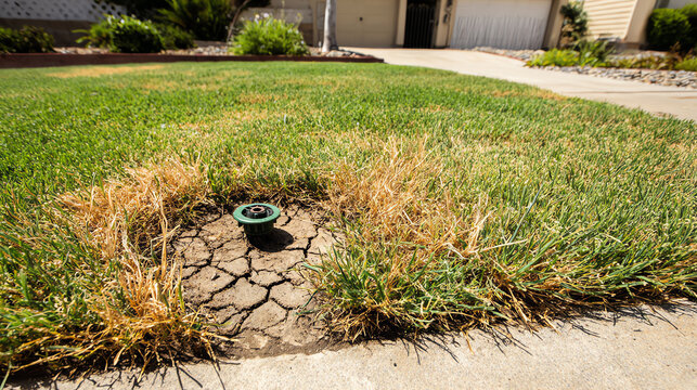 A dry lawn highlighting patchy grass and soil, showcasing the effects of drought and the need for water conservation efforts.