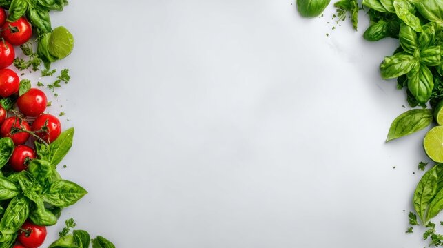 Fresh ripe tomatoes and vibrant green herbs border a bright white background with copy space