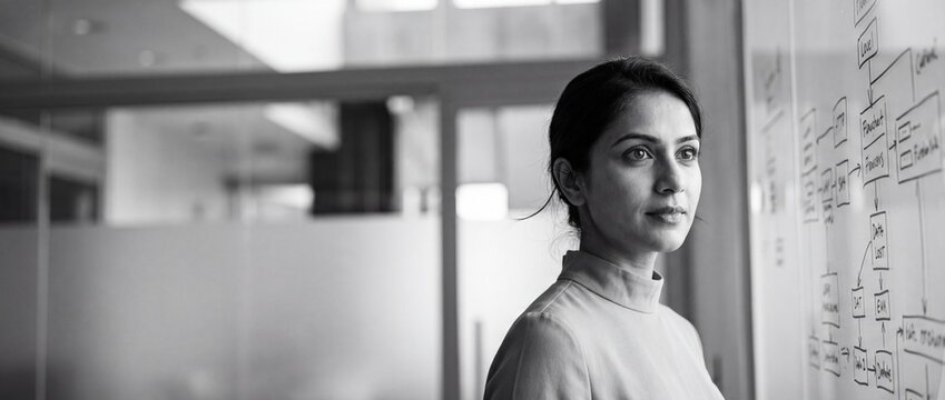 Businesswoman planning system architecture flowchart on whiteboard in modern corporate IT office, looking thoughtfully with confident expression during agile project management strategy session.