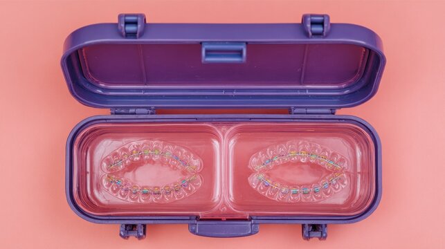 Clear dental aligners with colored bands resting inside an open protective container against a pastel background