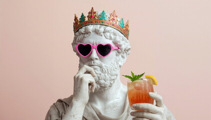 Obraz premium Statue with crown and heart-shaped sunglasses holding a drink at a colorful background in a creative setup
