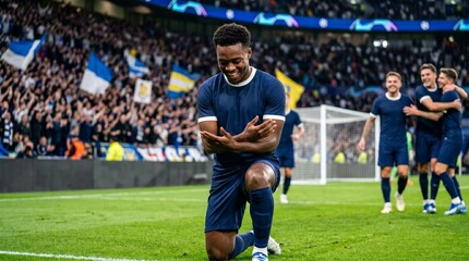 Fototapeta premium Young Black Soccer Player Celebrates Goal on Field with Teammates and Cheering Crowd
