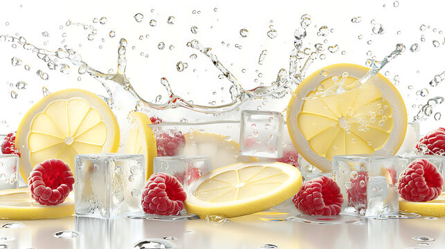 High res splashing water with lemon slices and raspberries background for commercial beverage advertising