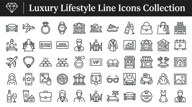 Luxury lifestyle line icons set premium quality symbols of wealth, fashion, travel, and highend services