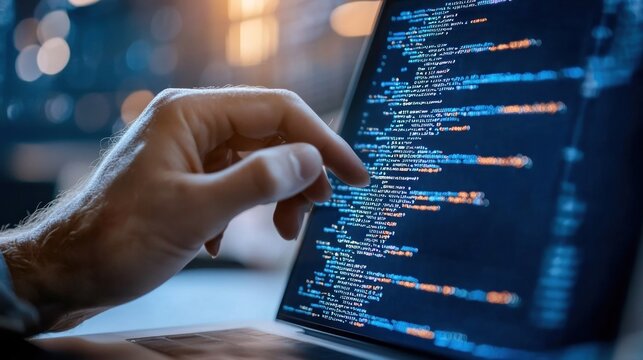Close up of a hand typing code on a laptop screen with glowing lights in the background.