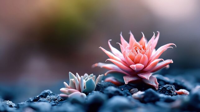 Delicate Pink Succulent Flowers Growing Amongst Dark Pebbles Macro Shot.