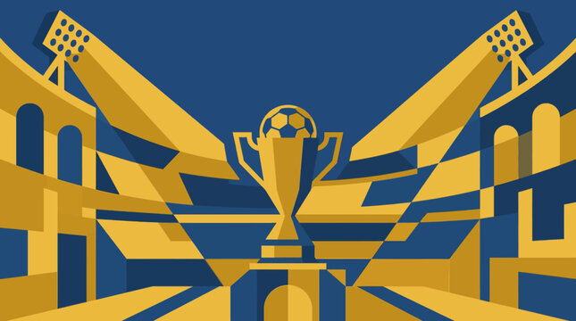 Football championship trophy cup with stadium background flat vector illustration