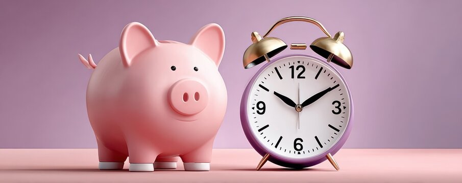 Pink piggy bank and purple alarm clock on pastel background representing time and savings concept
