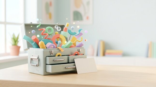 Colorful toolbox overflowing with creative letters on wooden table  