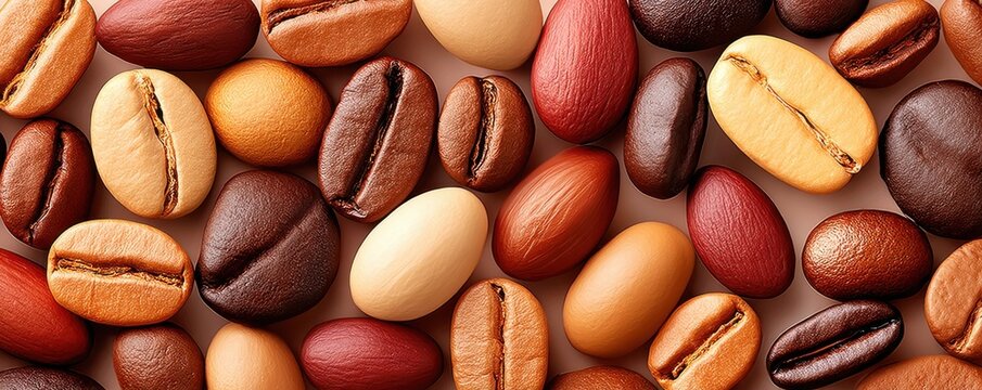 Close-up of colorful roasted coffee beans showing texture, color variation and glossy surfaces