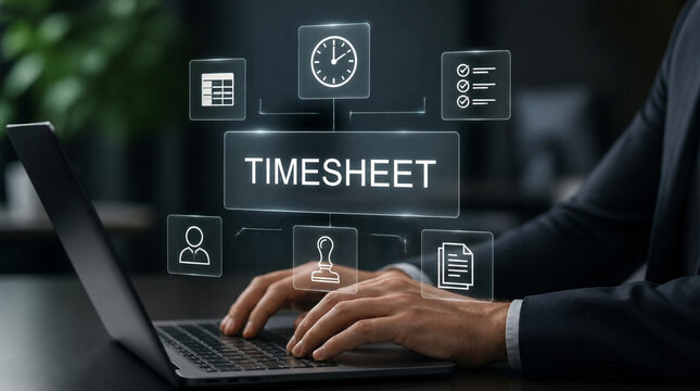 Timesheet, business management and time tracking on laptop for office productivity, professional planning and project management. Digital dashboard, software and hr with corporate work and employee.