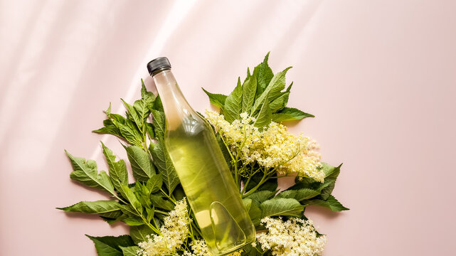 Draufsicht auf eine Glas Flasche mit selbstgemachten Hollunderbl&uuml;tensirup auf gr&uuml;nen Bl&auml;ttern. Rosa Hintergrund, Sommer Getr&auml;nk.