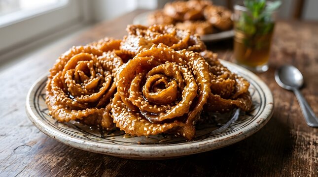 Chebakia honey cookies with sesame seeds arranged on patterned ceramic plate with mint tea on rustic wooden table.