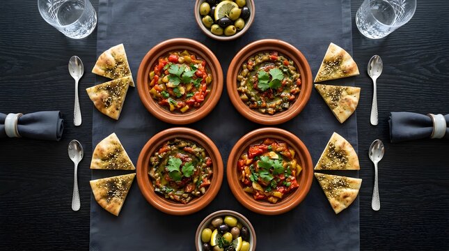 Assorted traditional moroccan salads served in rustic earthenware bowls with crusty bread on dark wooden dinner table.
