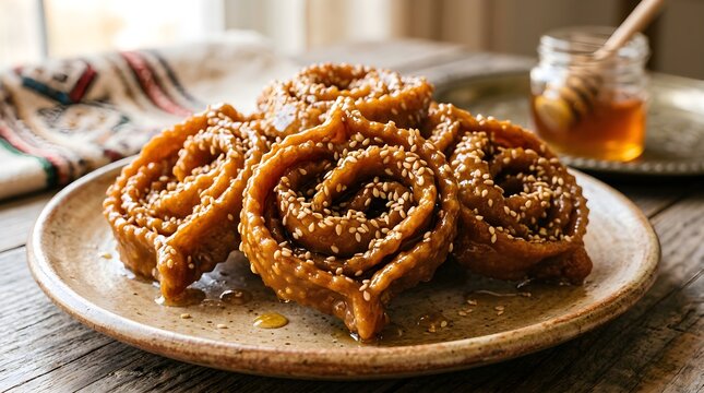 Golden chebakia pastries with honey and sesame seeds served on rustic plate with honey jar and dipper in background.