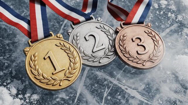 Medals for first second and third place on icy surface