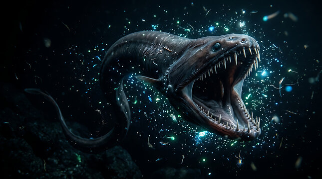 Deep Sea Creature with Open Mouth and Jagged Teeth Amidst Bioluminescence