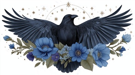 Fototapeta premium Symmetrical black raven surrounded by blue flowers and celestial stars. A mystical gothic design suitable for winter solstice festivals or dark-themed cultural exhibitions.