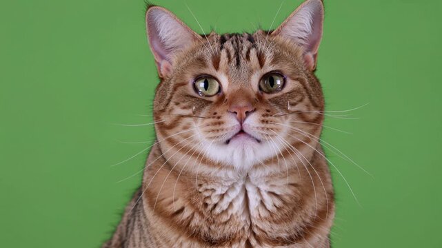 Bengal cat meowing and hissing with funny expressions on a green screen background in a close up shot