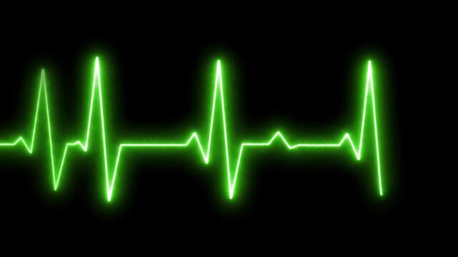 Green neon heartbeat pulse line glowing on dark black background