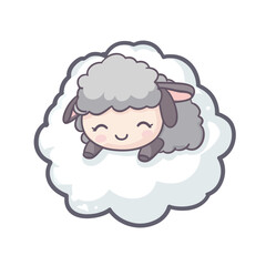 Fototapeta premium A cute, cartoon sheep rests on a cloud. It has a smiling face, grey wool, ears, and hooves