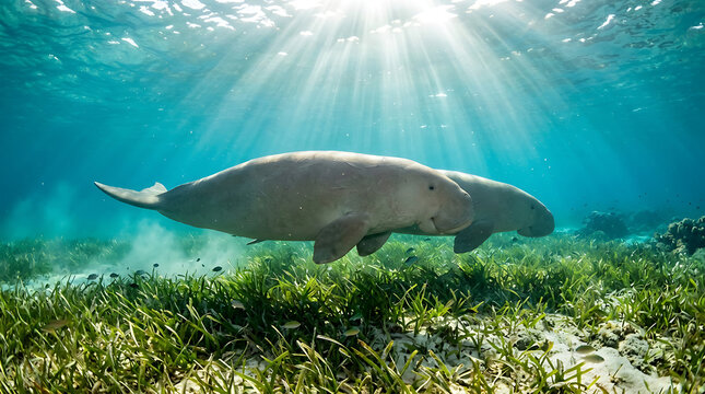 Two gentle dugongs swimming in a sunlit tropical ocean over seagrass beds