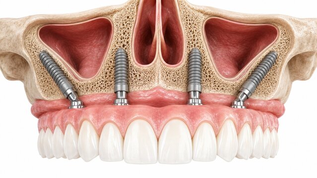 Dental implants supporting a fixed bridge restoration in a cross section of the maxillary jawbone and sinuses