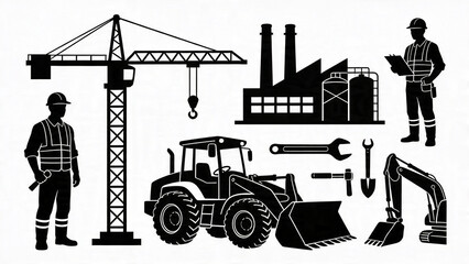 Obraz premium Silhouettes of construction workers and machinery in industrial setting