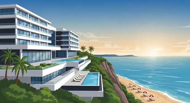 Modern Luxury Resort Hotel on Tropical Cliff with Infinity Pools and Beach View at Sunset Illustration