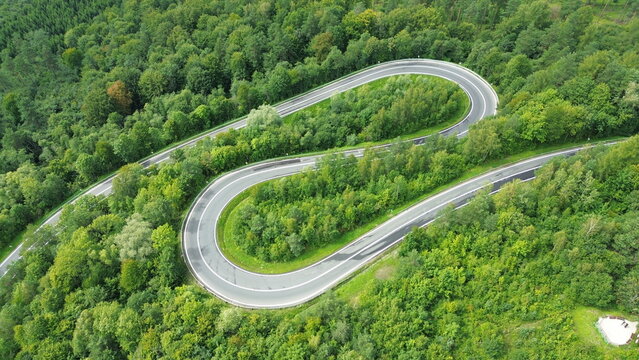 Serpentine road winding through a dense forest, copy space for text