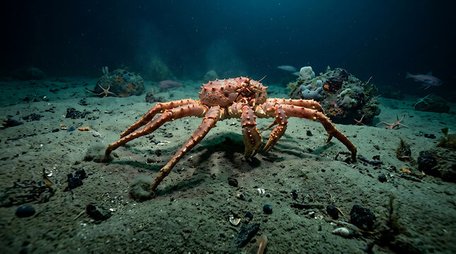 Giant King Crab walking on the sandy seabed in the ocean