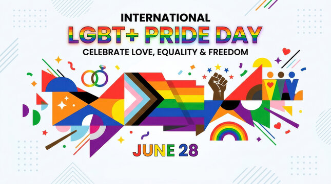 Geometric lgbt pride day banner with abstract shapes progress flag and community symbols celebrating love equality and freedom art.