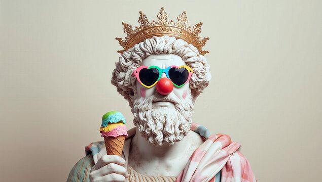 Statue of a king wearing sunglasses and a clown nose holding ice cream cone at a fun event in a modern setting
