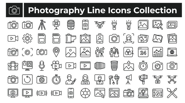 Photography line icons collection set of camera, lens, tripod, drone, video, photo editing and studio equipment