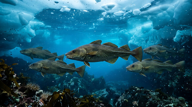 A school of codfish swims beneath the arctic ice floes in the ocean