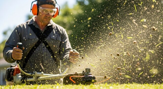Man cutting grass with lawnmower outdoors.