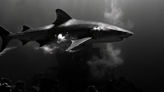 Black and white underwater cinematic shot of a shark swimming past the ruins of a sunken ship