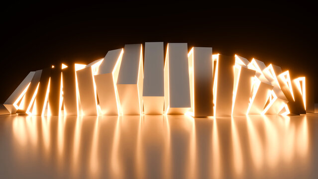 Abstract 3D futuristic background with a row of leaning white monoliths glowing with warm orange light on a reflective floor. Perfect for modern stage design concepts and tech web banners