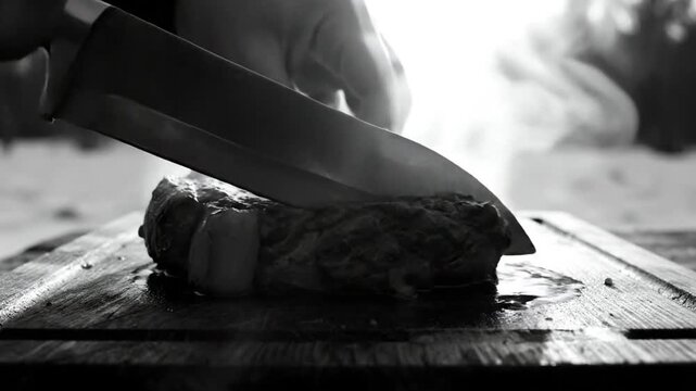 Chef cutting a succulent, steaming steak on a wooden cutting board with a sharp knife in black and white