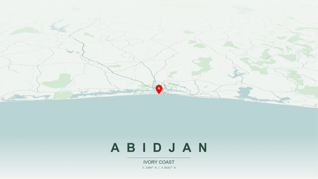 Minimalist vector map of Abidjan, Ivory Coast (Cote d'Ivoire). High-quality scalable illustration of Abidjan city grid, Cocody and Treichville axes, Ebrie Lagoon waterfront for posters and design. 
