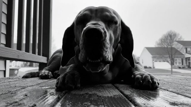 Low angle black and white shot of a bloodhound yawning on a wooden deck in front of a house